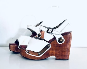 70s Platforms White Sandals Chunky Wood Heels Ankle Straps by Town Flow size 6 6.5 6 1/2 36 37