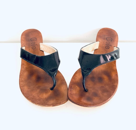 60s Sandals Black Patent Leather Thongs Slides We… - image 2