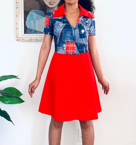 70s Dress Red Patchwork Bandana Print Mini Dress Size XS S