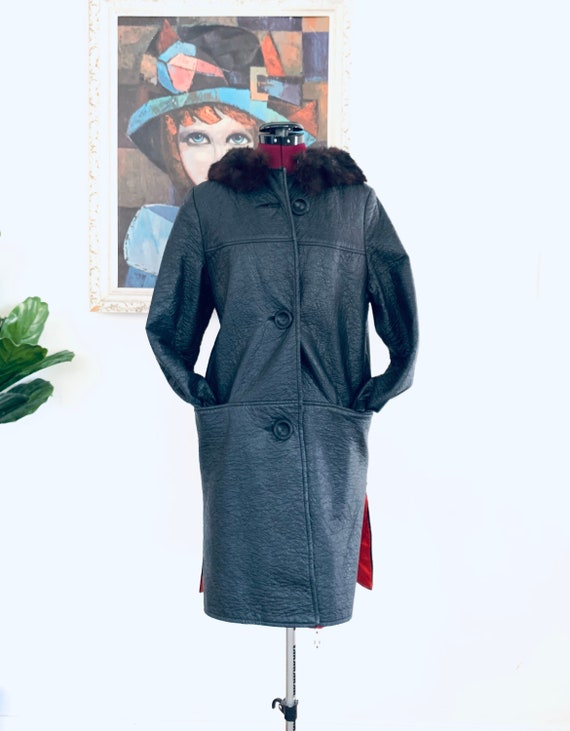 60s Black Vinyl Coat fur Collar Big Buttons Union