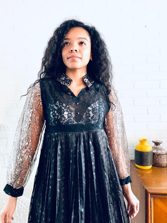 60s Babydoll Dress Black Silver Lace Dress Size S 60s Babydoll Dress Black Silver Lace Dress Size S