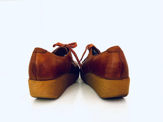 70s Platform Wedge Loafers Shoes Leather Lace Up … - image 7