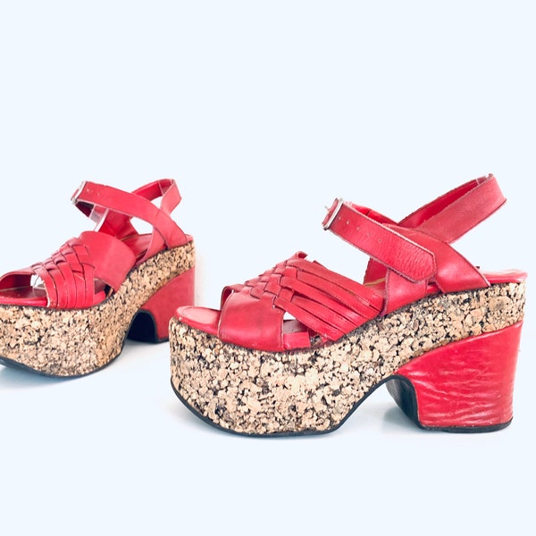 70s Red Platform Sandals Cork Heel Ankle Straps Leather size 7.5 7 1/2  37.5 38