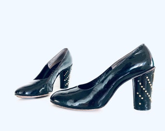 60s Black Patent Leather Heels by Herbert Levine size 7 M 37