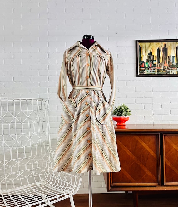 70s Dress Chevron Striped Pockets size M L - image 1