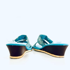 60s Blue Sandals Wood Wedge Heel Leather made in Hawaii by Island Slipper size 6 M 36 image 9