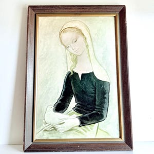 Vintage Girl with Dove Painting  by Jandro Lithograph on Board Wood Frame