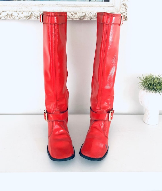 60s Red Vinyl Go Go Boots Heels Size 5 5.5 M