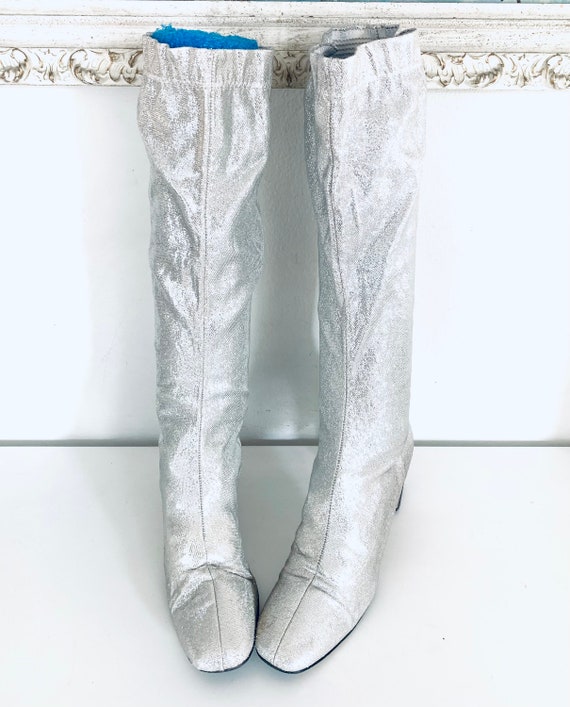 60s Silver Go Go Boots Lurex Lame UNUSED Knee Hig… - image 3