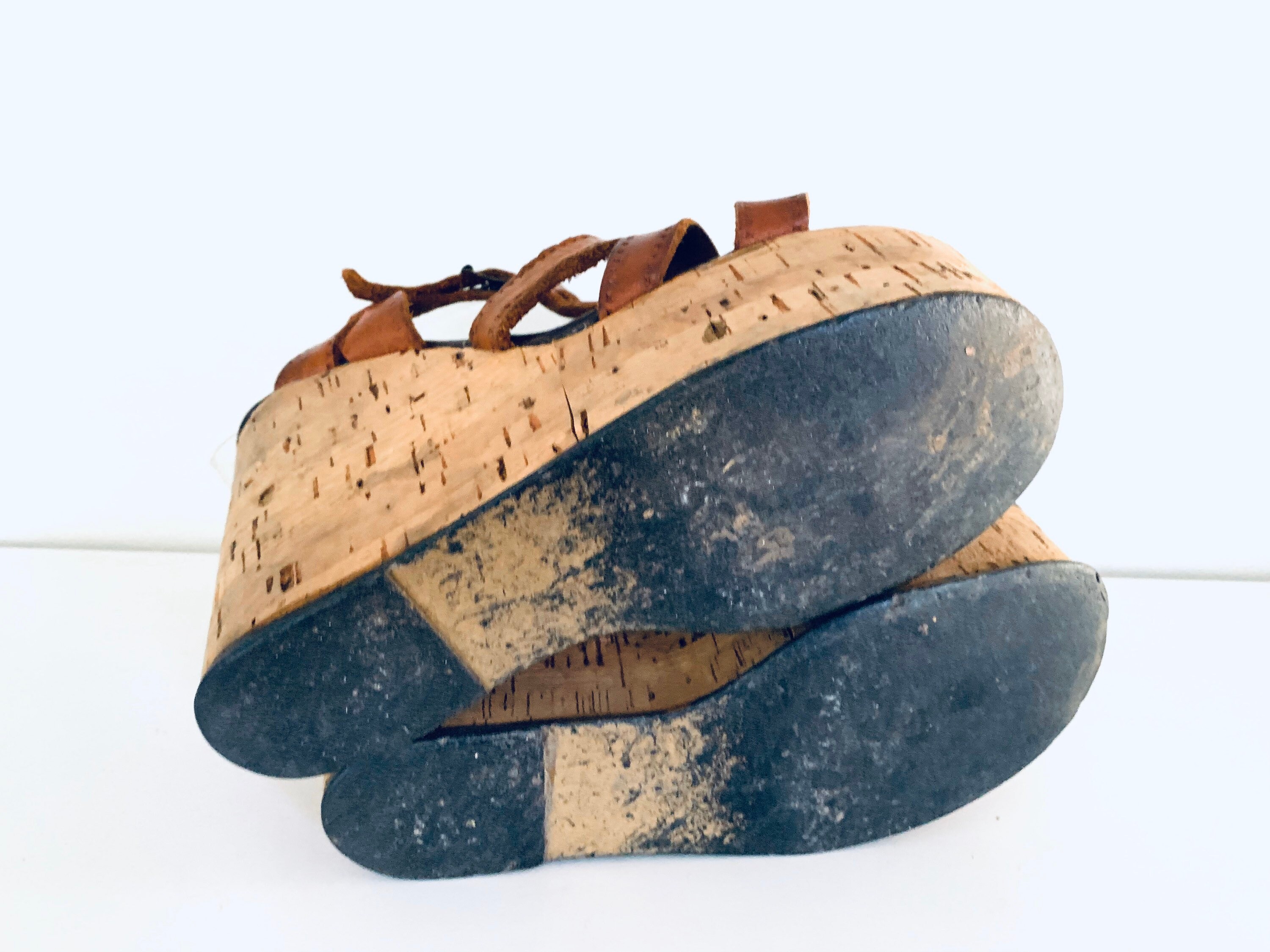 70s Leather Platforms Wedge Sandals Cork Heels Ankle Straps | Etsy