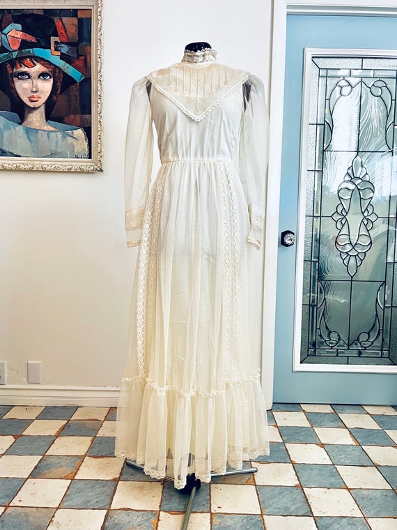70s Cream Lace Maxi Dress Sheer Sleeves by Candi Jones Size
