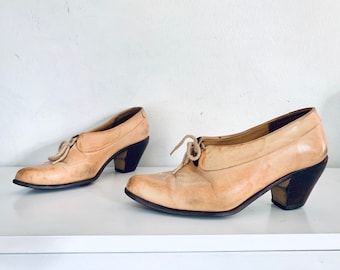 Vintage Leather Lace Up Booties Wood Heels made in Brazil by Wild Pair Size 7 M 37