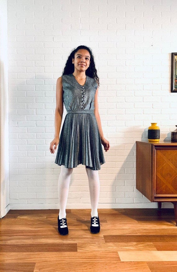60s Silver Mini Dress Accordion Skirt Designer S M