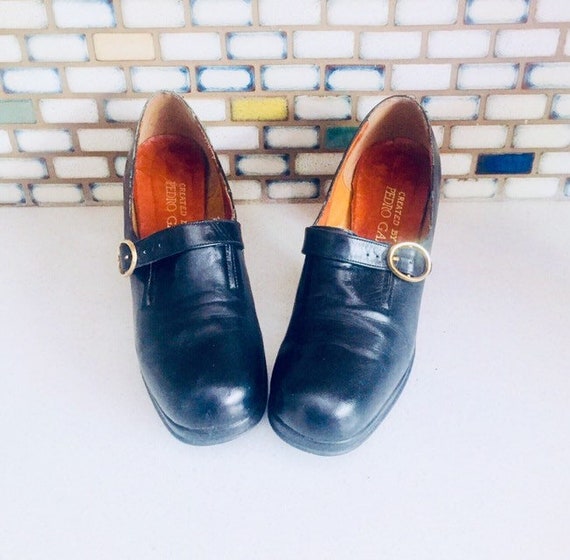 60s Black Leather Platform Shoes Booties Size 7.5