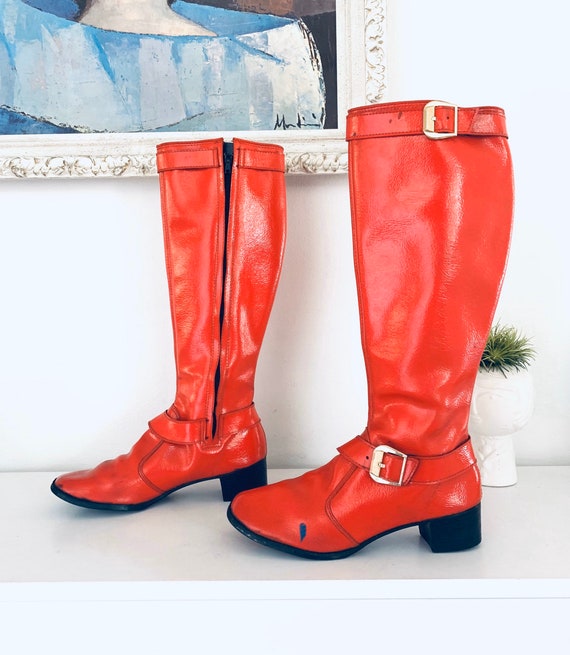 60s Red Vinyl Go Go Boots Heels Size 5 5.5 M