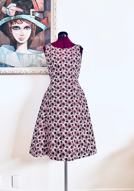 50s Dress Holly Berry Cream Burgundy Handmade size