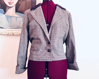 Vintage Blazer Tweed Wool Jacket Wooden Buttons Herringbone Twill size M