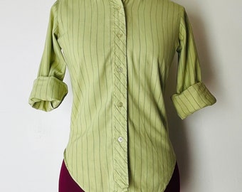 60s Green Oxford Shirt Top Stripes Button Up Collar Womens XS S