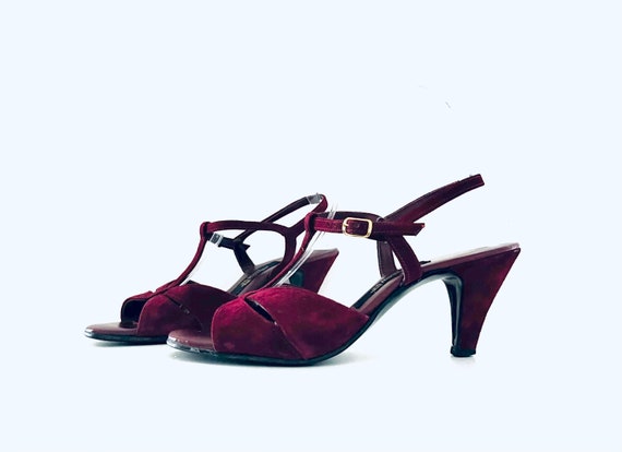 70s Burgundy Red Suede T-Strap Sandals Heels by H… - image 1
