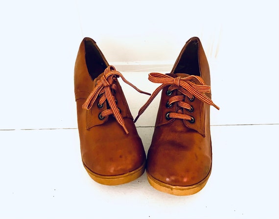 70s Platform Wedge Loafers Shoes Leather Lace Up … - image 2