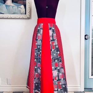 Falda larga de patchwork roja de los años 70, estilo pradera, talla XL 2X