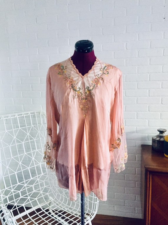 Vintage Peach Silk Tunic Blouse Glass Beads Size … - image 1