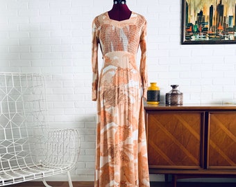 70s Maxi Dress Fall Colors Silky Polyester size S M