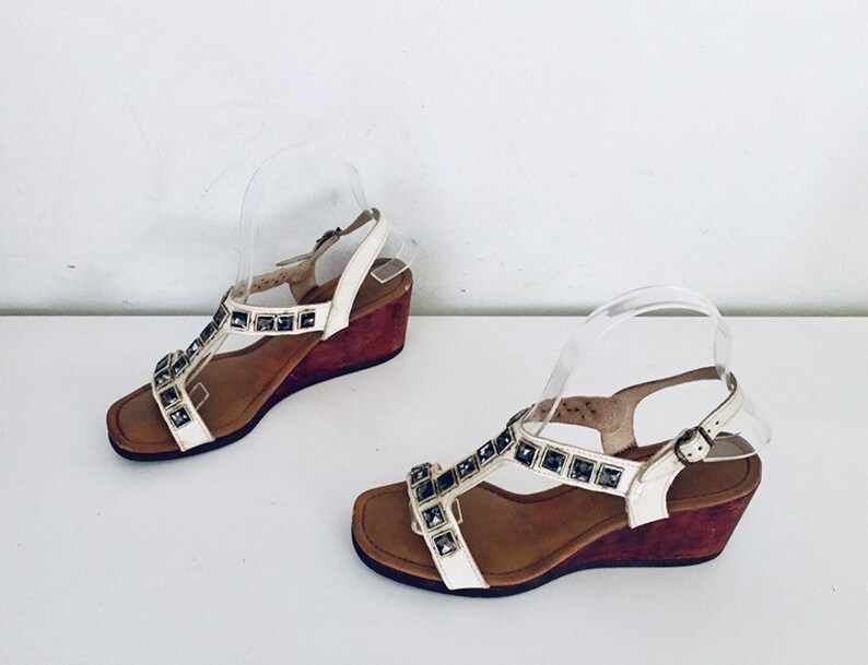 60s White Leather Sandals Jewels Wedge Heel Size 7 37 Etsy