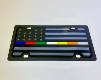 ALL Thin Lines License Plate- Supporting ALL Lines, Blacked Out USA Flag Carbon Steel License Plate