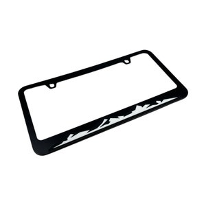 May include: Black metal license plate frame with a white mountain range design.