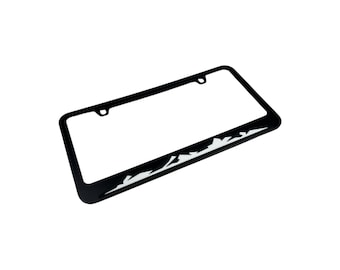 Adventure Awaits Mountain Design License Plate Frame - 12.4x6.4 Inch Matte Aluminum, 4-Hole, For US/Canada Plates