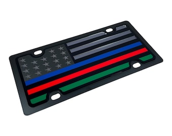 Thin Lines License Plate- Blue, Red and Green Bars on Blacked Out USA Flag, Carbon Steel License Plate