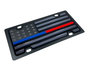 Thin Line License Plate- BLUE and RED Thin Line, Half Bar Blacked Out USA Flag Carbon Steel License Plate
