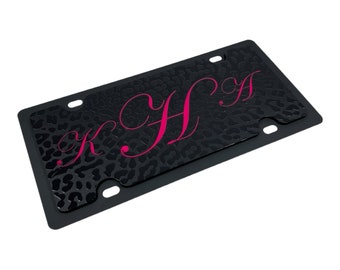 Black Leopard Print Plate With Custom Monogram on Carbon Steel License Plate