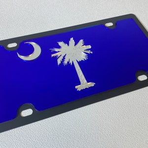 South Carolina Flag License Plate, High Quality Stainless Steel with Blue Acrylic, Mirror Palm Tree & Moon (FREE SHIPPING)