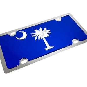 South Carolina Flag License Plate, High Quality Stainless Steel with Blue Acrylic, Mirror Palm Tree and Moon