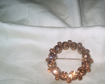 Vintage Costume Jewelry Amber Rhinestone Circle Brooch Pin