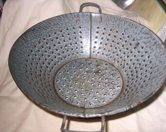 Antique Vintage Graniteware Collander, Primitive, Kitchen, Enamel