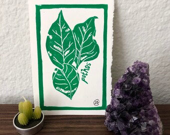 Pothos Plant Print - Original Linocut Print - 4” x 6” on 5” x 7” paper