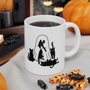 Black cat mug, ghost with cats, spooky ghost mug, ghost mug, halloween cat mug, cat lover gift, cat mom gift, mug with black cats, ghost mug
