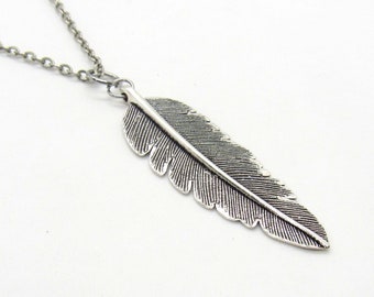 Antique Silver Feather Pendant Necklace, Bird Feather Pendant, Nature Jewelry,  Necklace for Women, Woman's Necklace, Men's Necklace