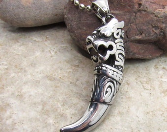 Stainless Steel Wolf Tooth Shape Pendant Necklace, Hypo Allergenic Jewelry, Men's Necklace, Men's Jewelry, Women's Necklace