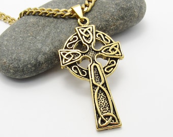 Celtic Knot Gold Tone Pendant Necklace, Hypo Allergenic Jewelry, Stainless Steel Cross, Men's Necklace, Men's Jewelry, Womans Necklace
