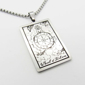 Pingente de cartão de tarô da roda da fortuna, joias hipoalergênicas de aço inoxidável, colar masculino, colar feminino, tarô arcana principal