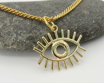 Gold Tone Eye with Lashes Pendant Necklace, All Seeing Eye Pendant Necklace, Men's Necklace, Women's Necklace, Spiritual Jewelry