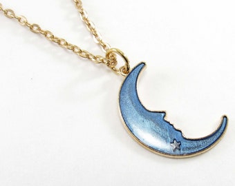 Half Moon Gold Plated Blue Star Enamel Glitter Pendant, Nature Pendant, Blue Moon Jewelry, Men's Necklace, Men's Jewelry, Women's Necklace