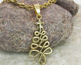 Gold Christmas Tree Pendant Necklace, Holiday Jewelry, Men's Necklace, Women's Necklace, Christmas Necklace, Stainless Steel Jewelry