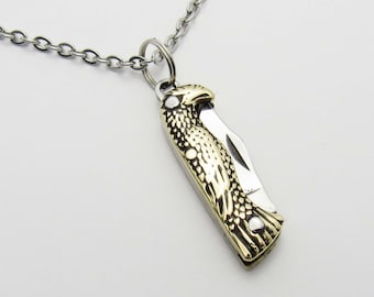 Mini Eagle Pocket Knife Pendant Necklace, Gold tone Pocket Knife Stainless Steel Chain, Men's Necklace, Gift for Men, Pocket Knife Charm