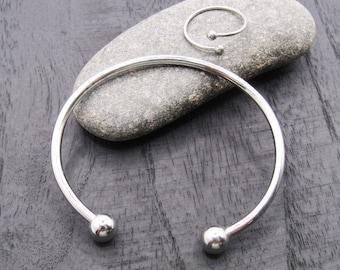 Stainless Steel Open Cuff Bracelet Ball Tips paired with Matching Ball Tip Ring, 304 Stainless Steel Bracelet & Ring Set, Men's Jewelry