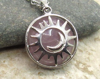 Sun & Moon with Rose Quartz Pendant Necklace, Women's Rose Quartz Pendant Necklace, Men's Necklace, Women's Celestial Jewelry